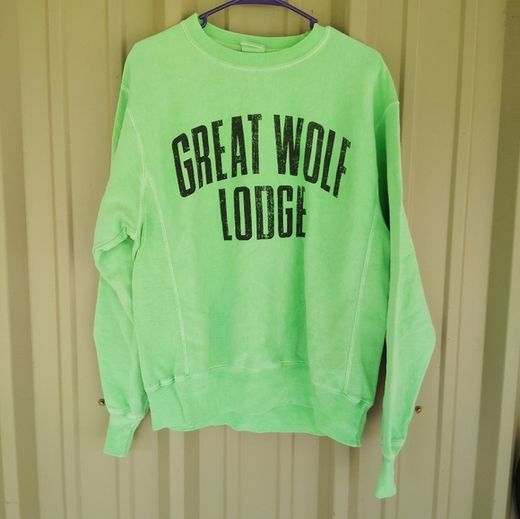 Men's Champion Great Wolf Lodge Reverse Weave Neon Florescent Green Sweatshirt - Picture 1 of 3